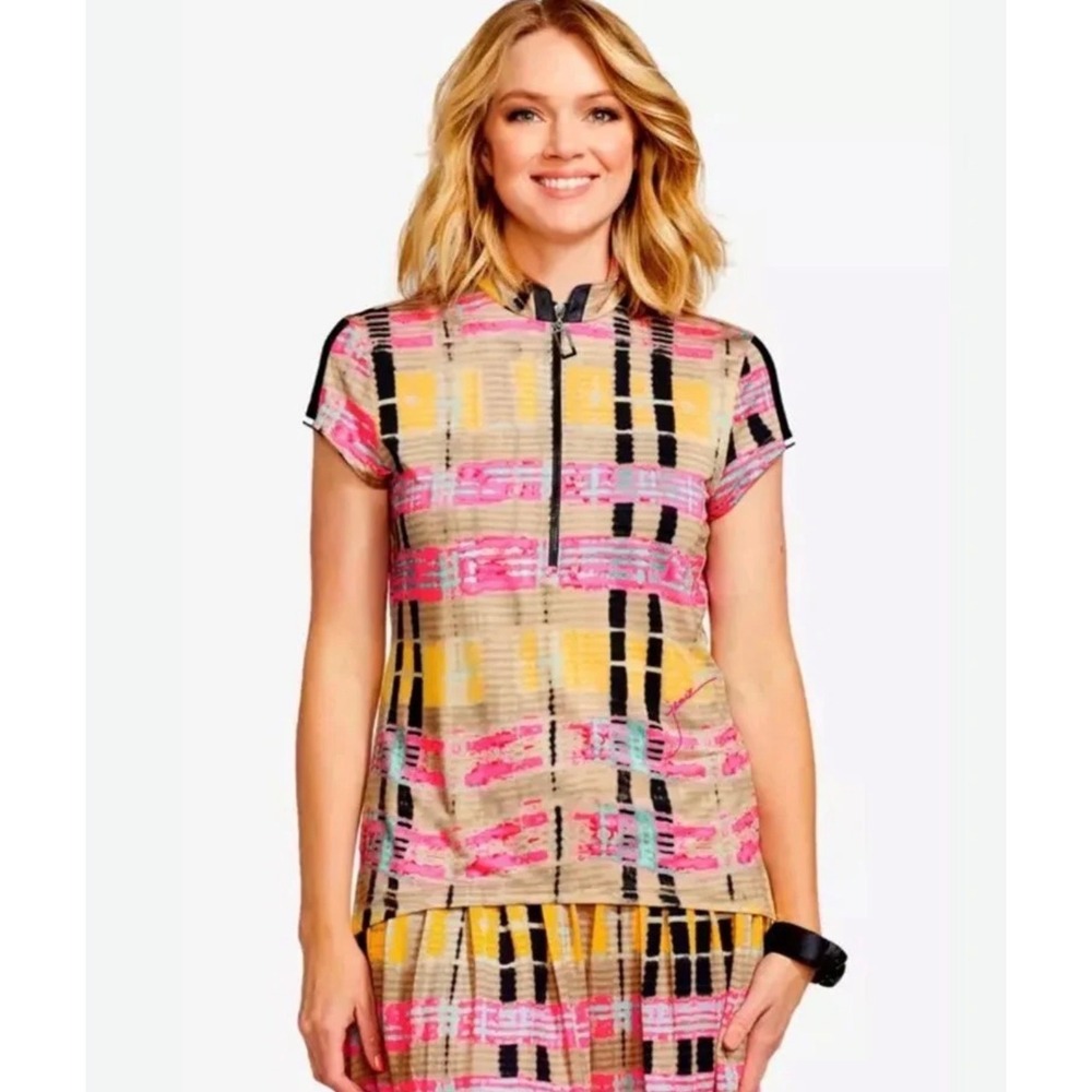 Jamie Sadock Womens XL Golf Top Pink Yellow Plaid Quarter Zip Short Sleeve Mock